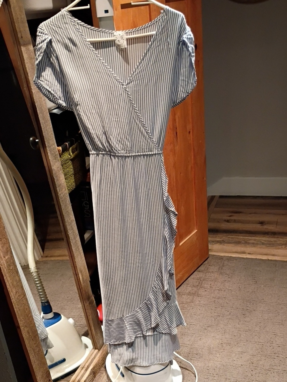 NAIF Blue and White Striped Wrap-Style Midi Dress Petite Large
